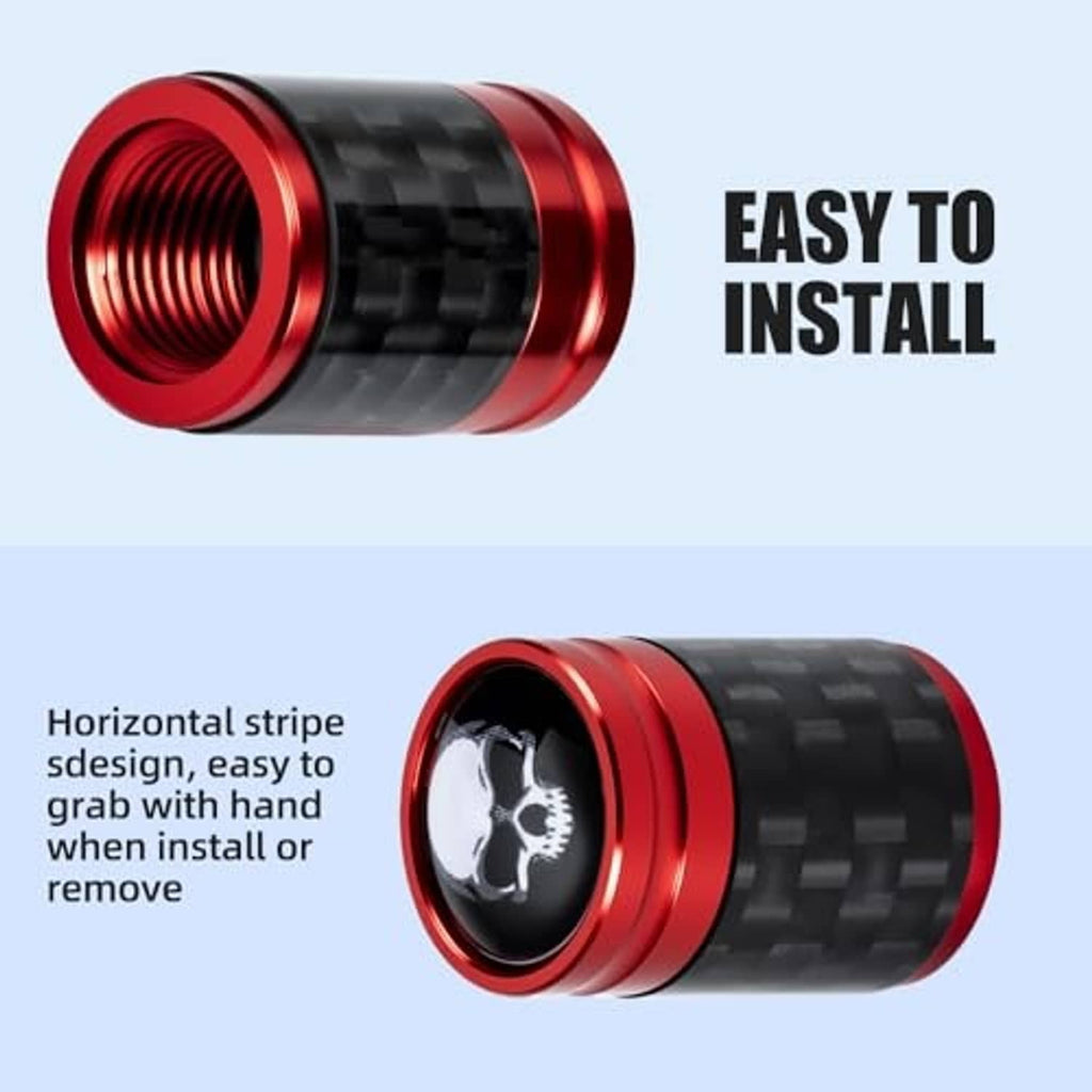 Red carbon fiber tire valve cap with horizontal grip stripe and skull emblem center.