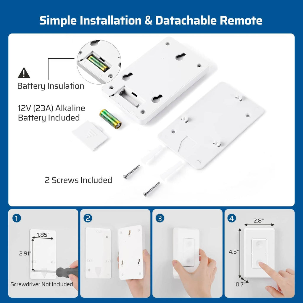 Detachable wireless remote with screws and 12V battery shown