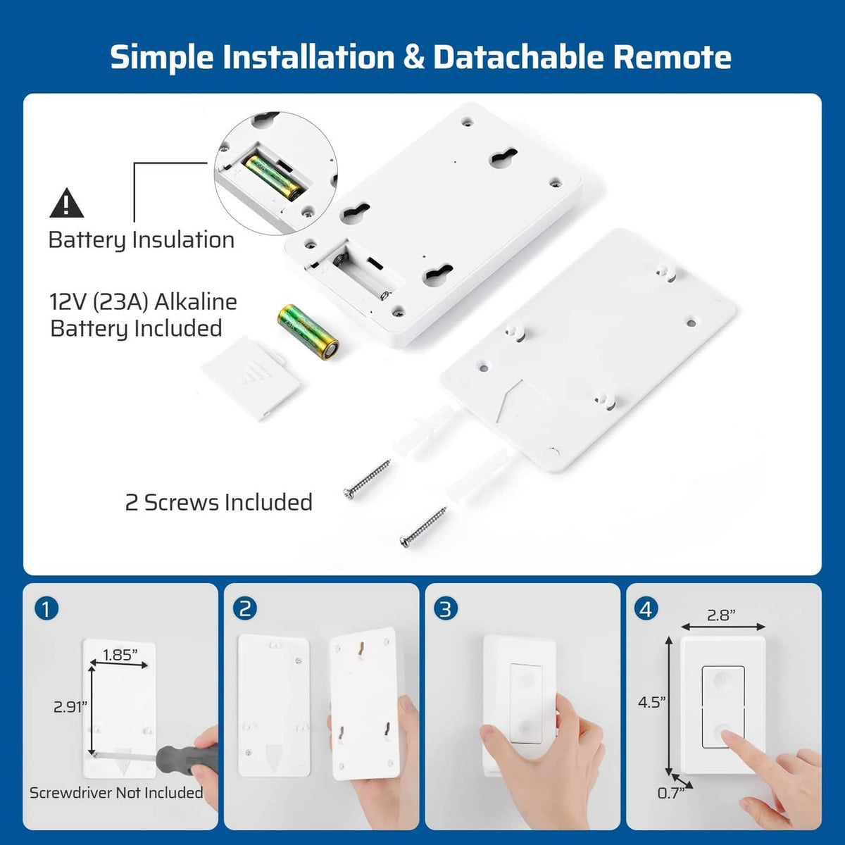 Detachable wireless remote with screws and 12V battery shown