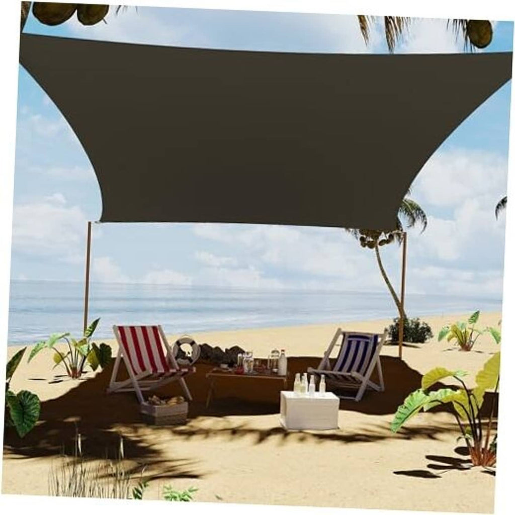 Dark grey rectangular sun shade sail canopy with tie ropes over patio seating