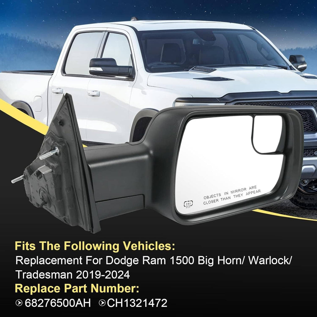 Black heated side mirror pair with turn signal for Ram 1500, shown on truck
