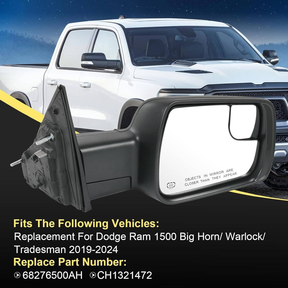 Black heated side mirror pair with turn signal for Ram 1500, shown on truck