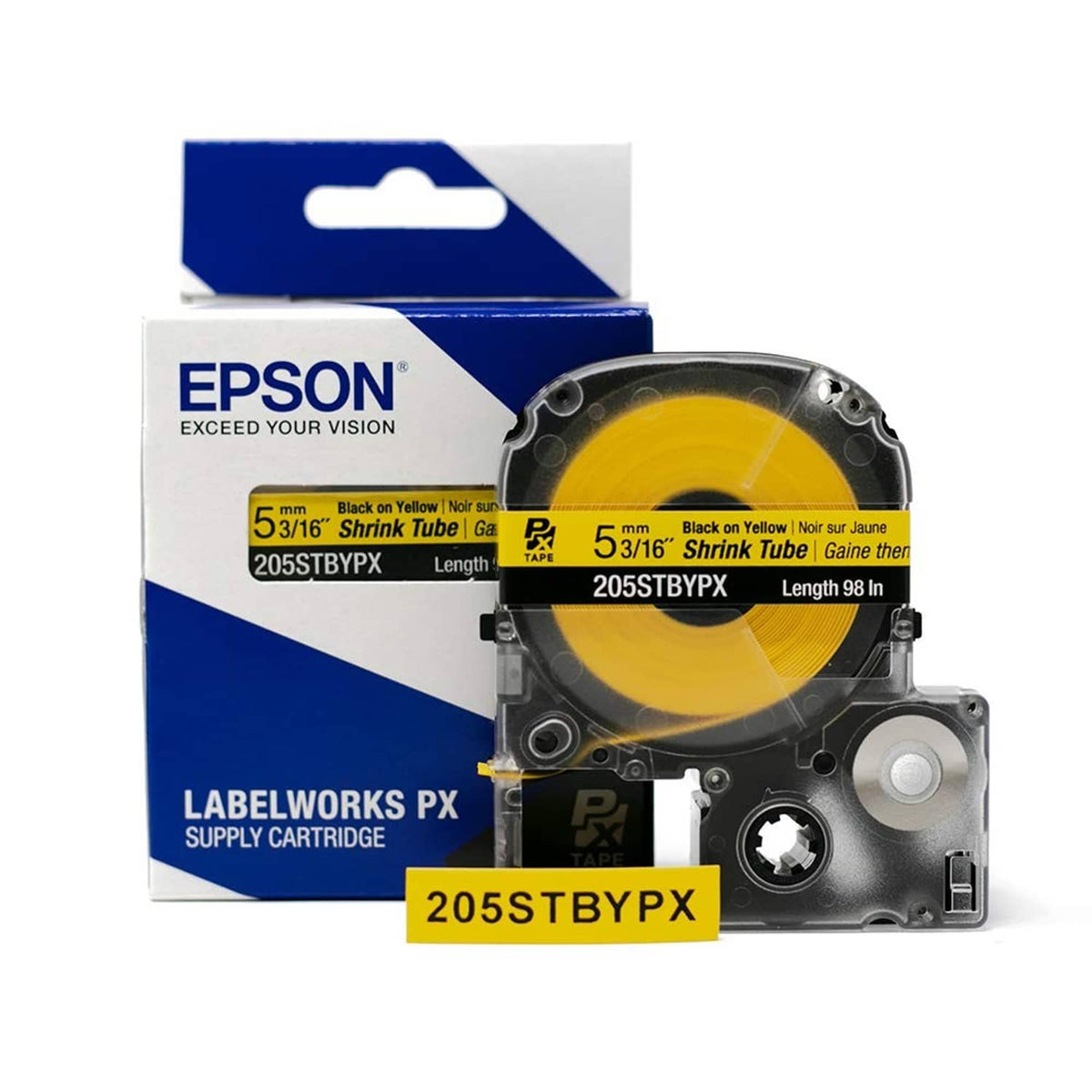 Heat shrink tube cartridge with box, showing yellow tape and cartridge label 205STBYPX