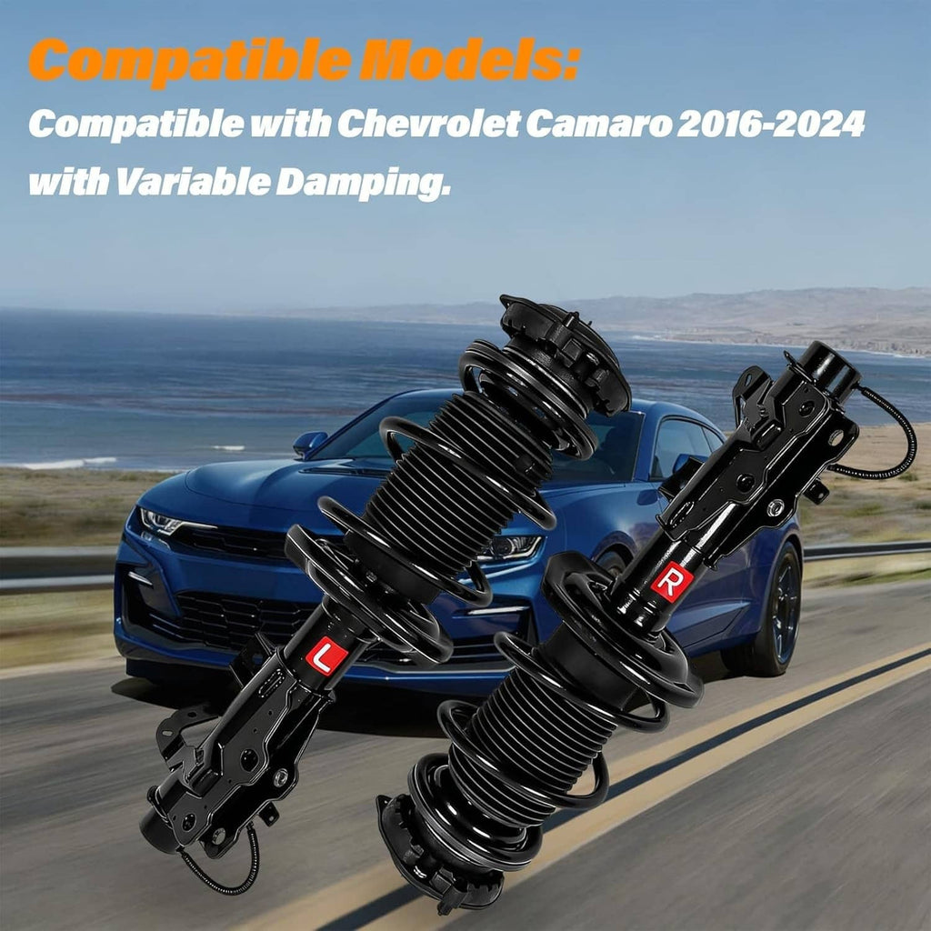 Pair of front strut assemblies with coil springs for a blue sports car
