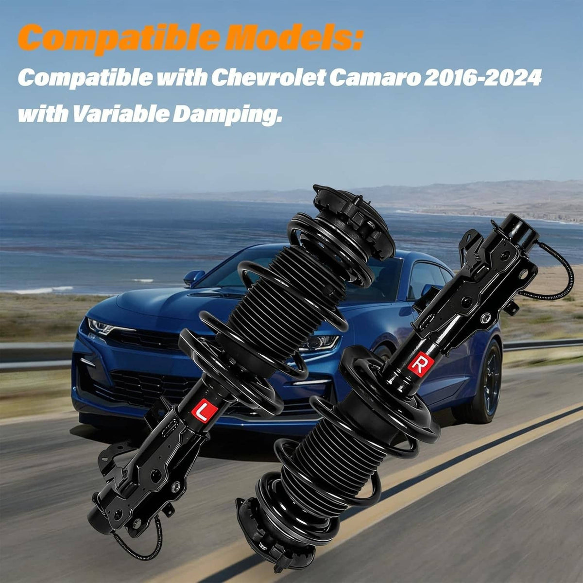 Pair of front strut assemblies with coil springs for a blue sports car