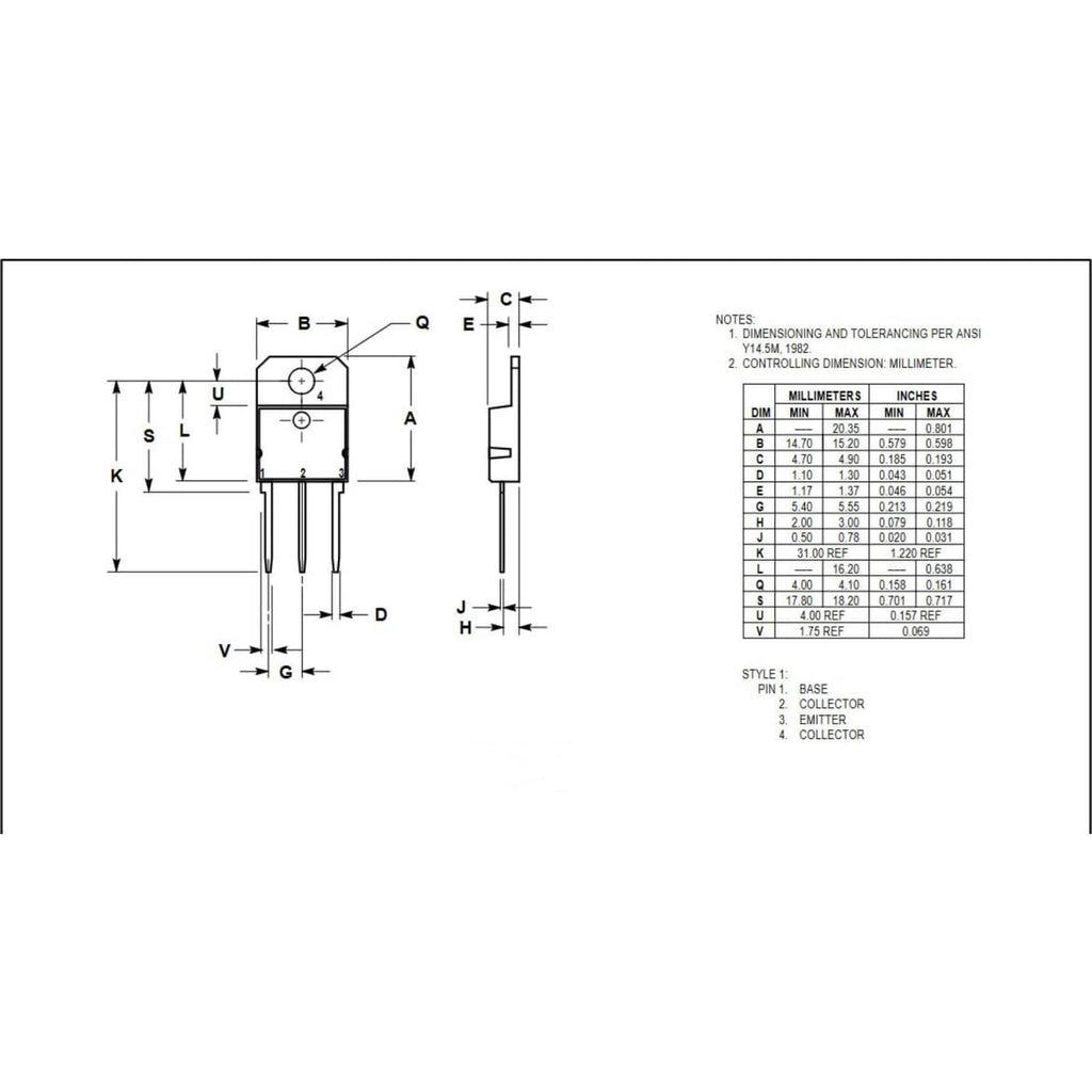 Transistor mechanical dimensions diagram with lead spacing and size measurements