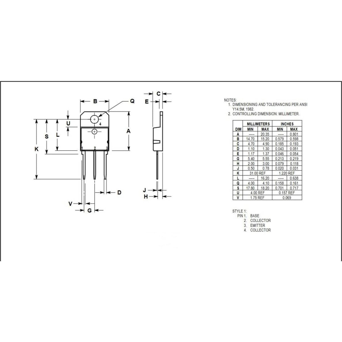 Transistor mechanical dimensions diagram with lead spacing and size measurements