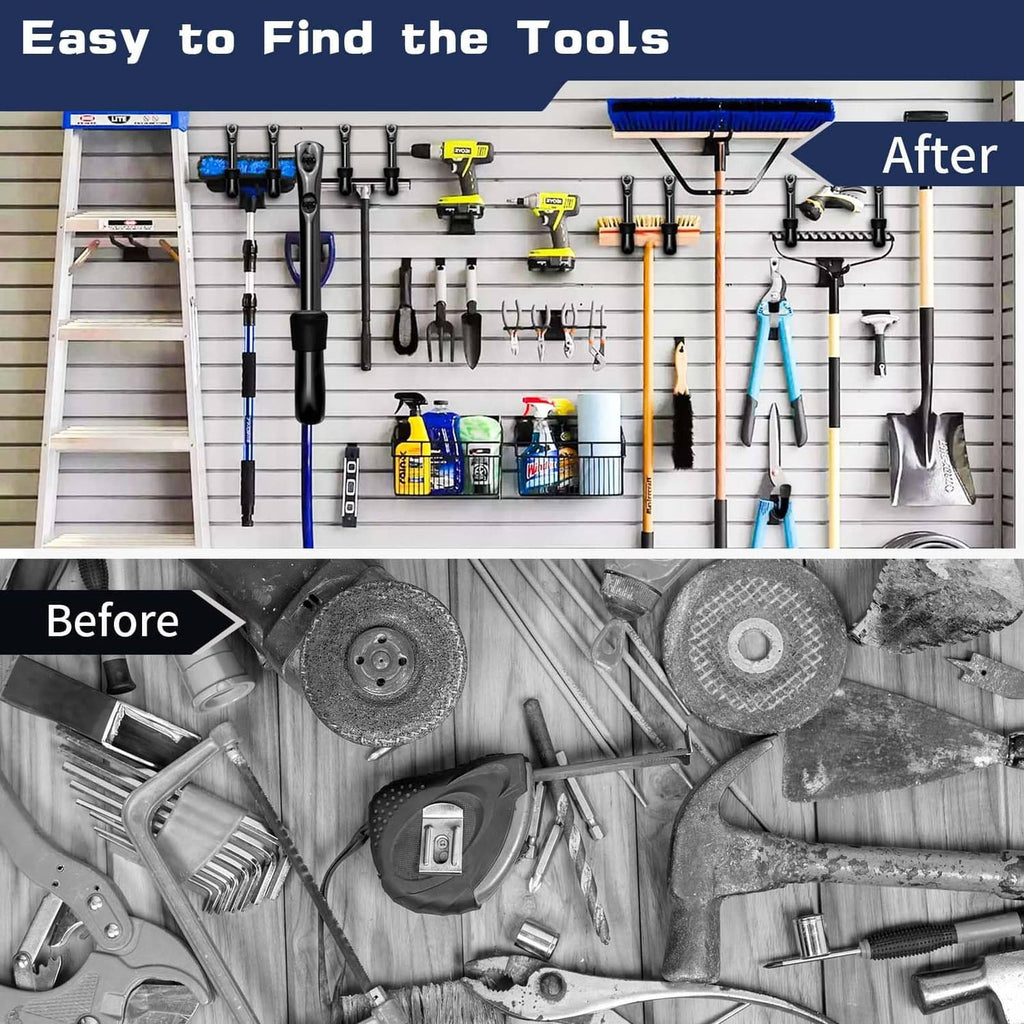 Black garage storage hooks mounted on a wall rack, with tools and accessories hanging