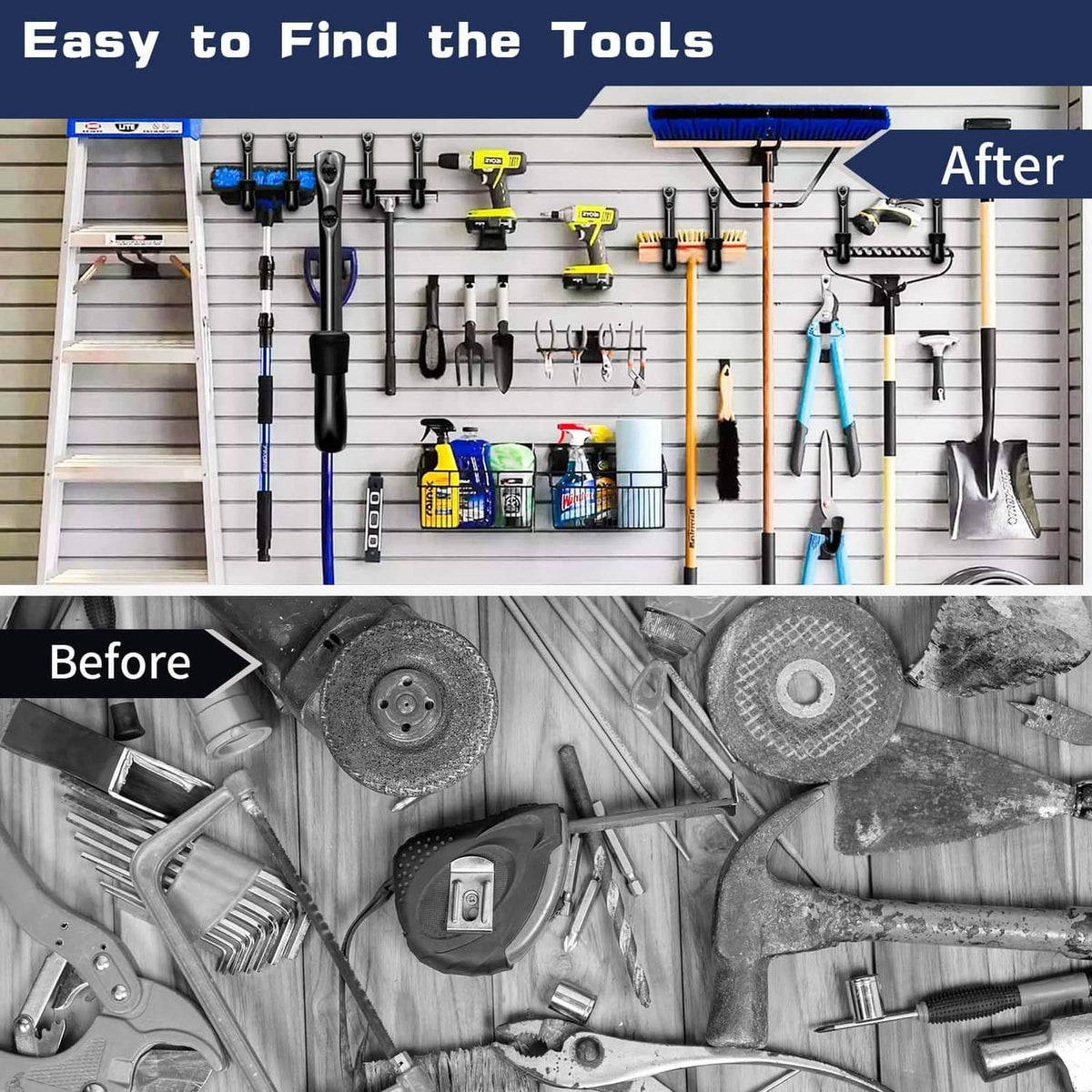 Black garage storage hooks mounted on a wall rack, with tools and accessories hanging