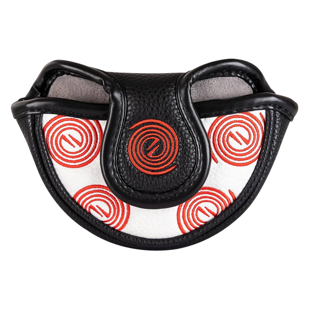 White putter headcover with black hinge strap and red swirl pattern, padded mallet cover