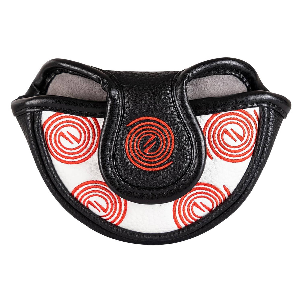 White putter headcover with black hinge strap and red swirl pattern, padded mallet cover