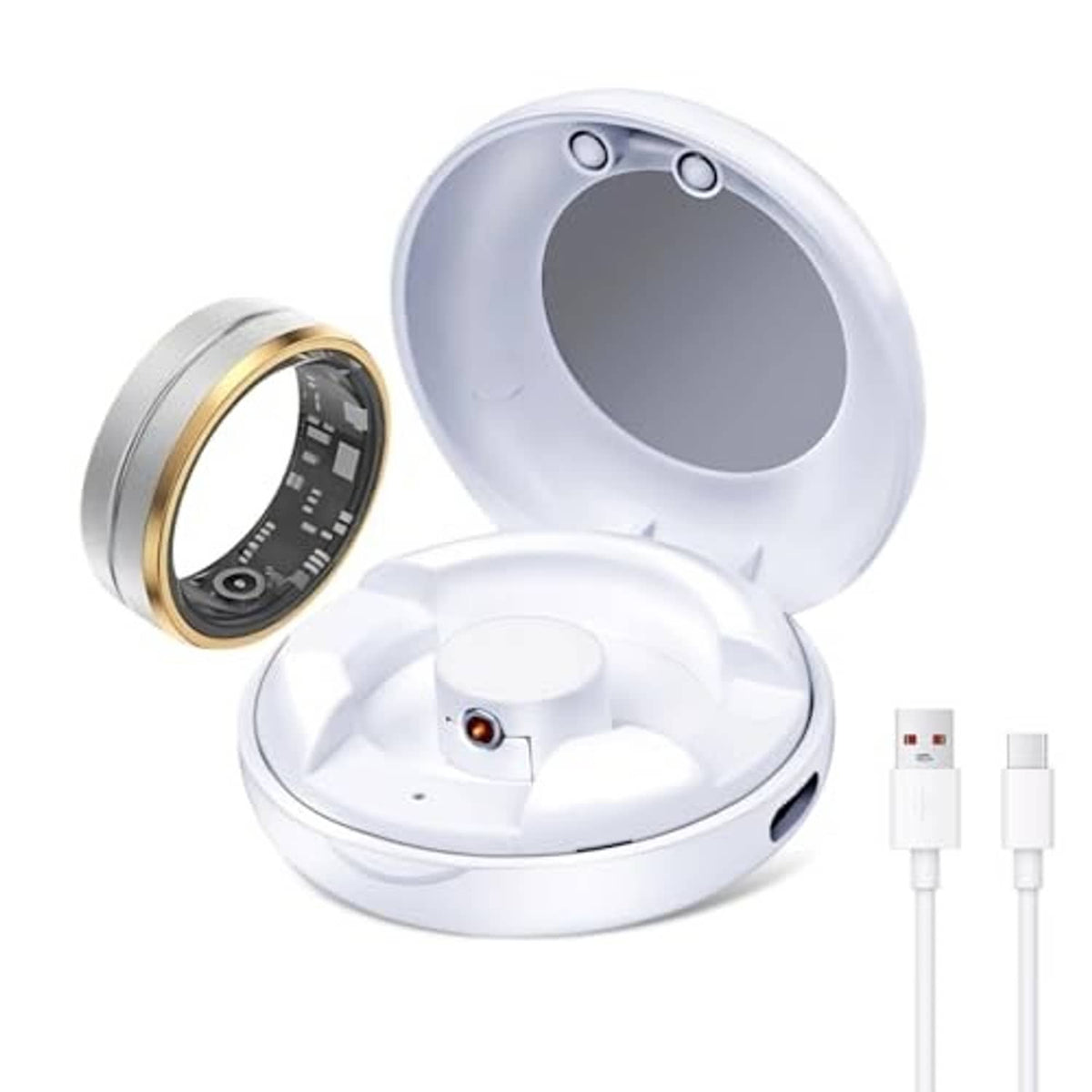 White smart ring charging case open with charging cradle and two USB cables