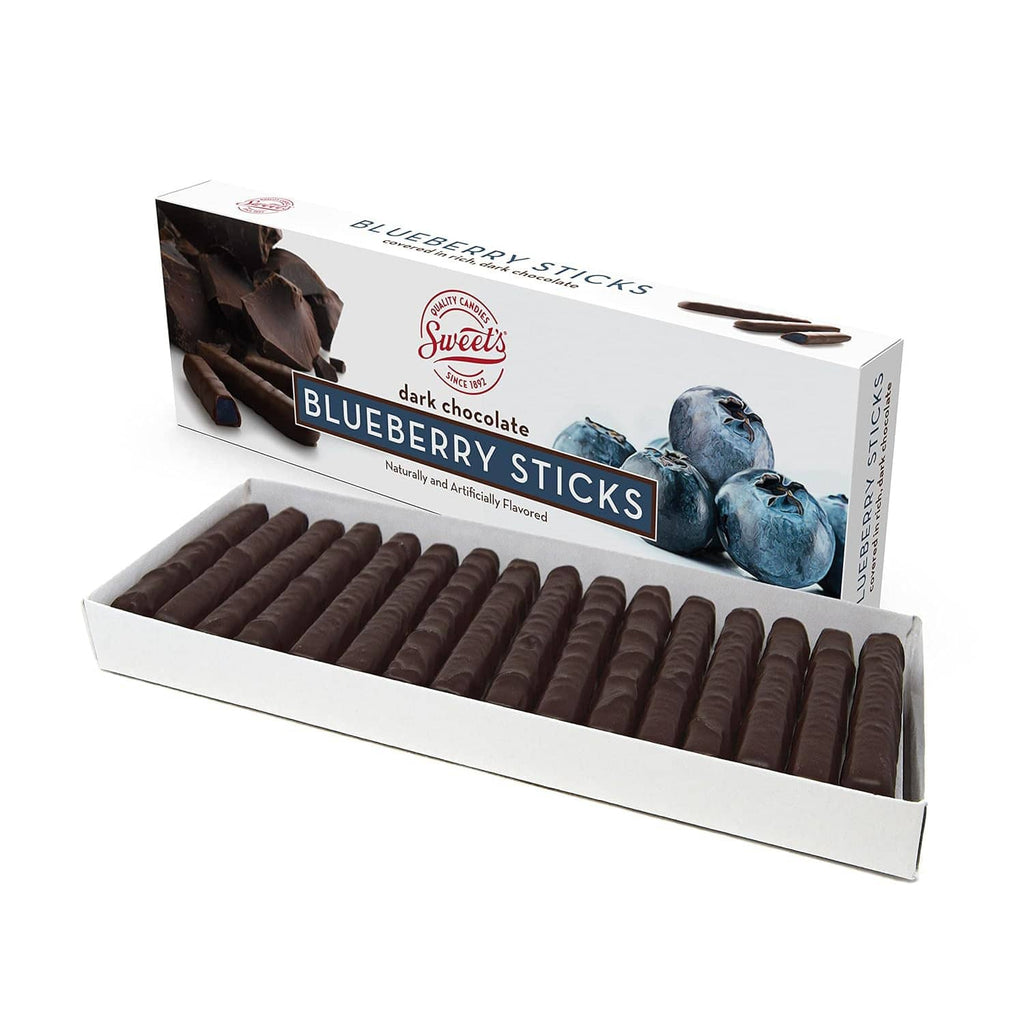 Blueberry-flavored dark chocolate sticks in open gift box, brand and label visible