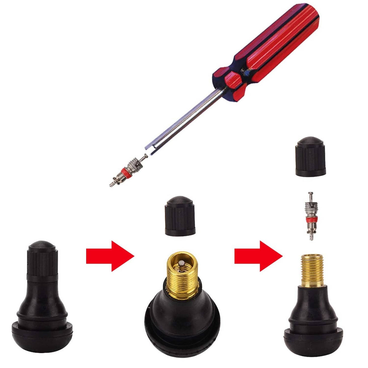 Valve cap removal and installation tool with red handle and shown cap-to-stem steps