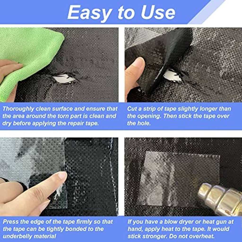 Black flexible underbelly repair tape being cut and smoothed over a patch area