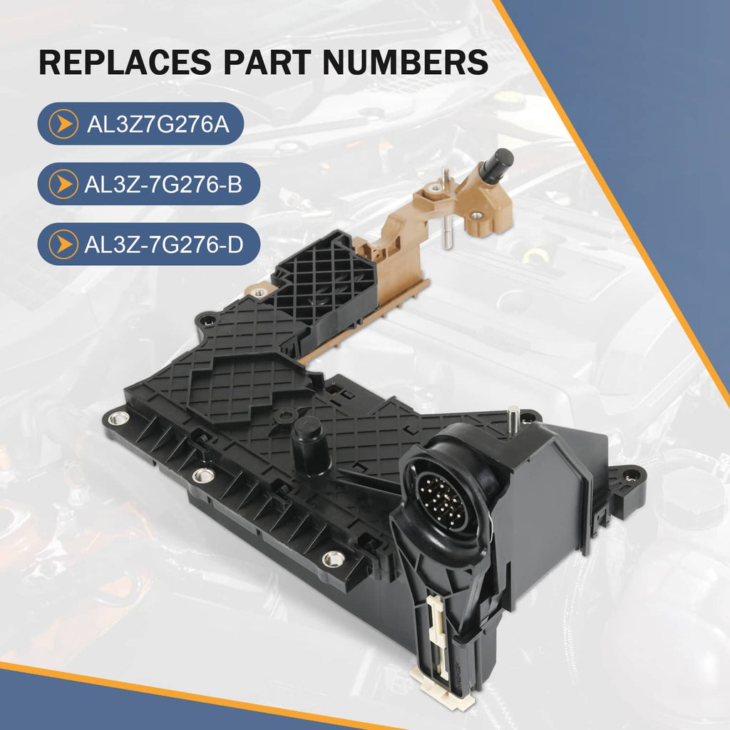 Black TCM transmission lead frame module with circular sensor port and electrical terminals