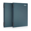 Teal spiral-bound notebook, open view with smooth dark cover