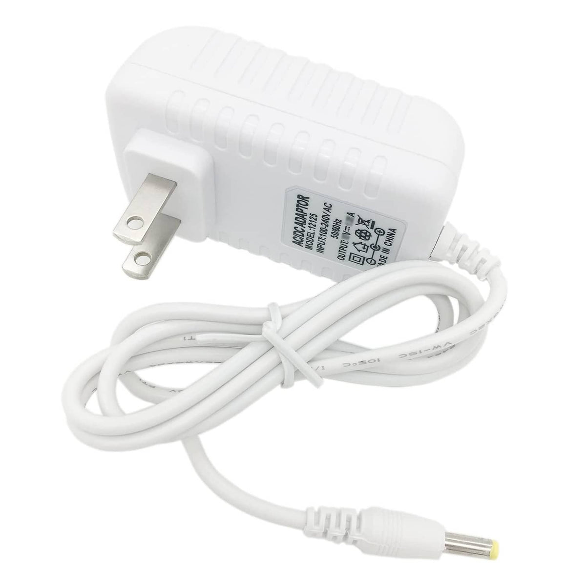 White AC adapter with two-prong plug and barrel DC output cable