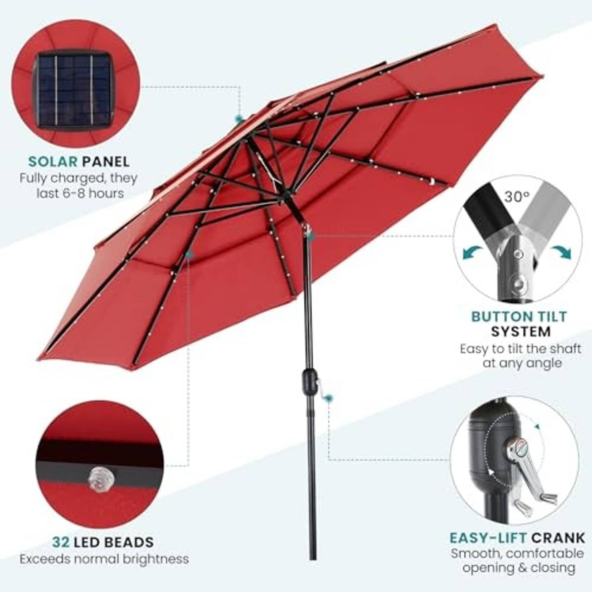 Red solar patio umbrella with solar panel, 32 LED beads, and tilt-crank system