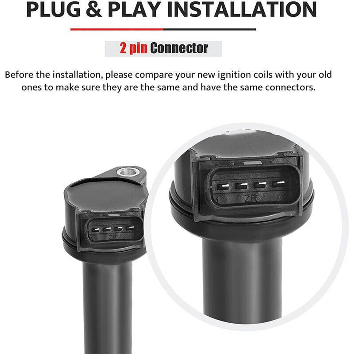 Black ignition coil with 2-pin connector end, shown in close-up