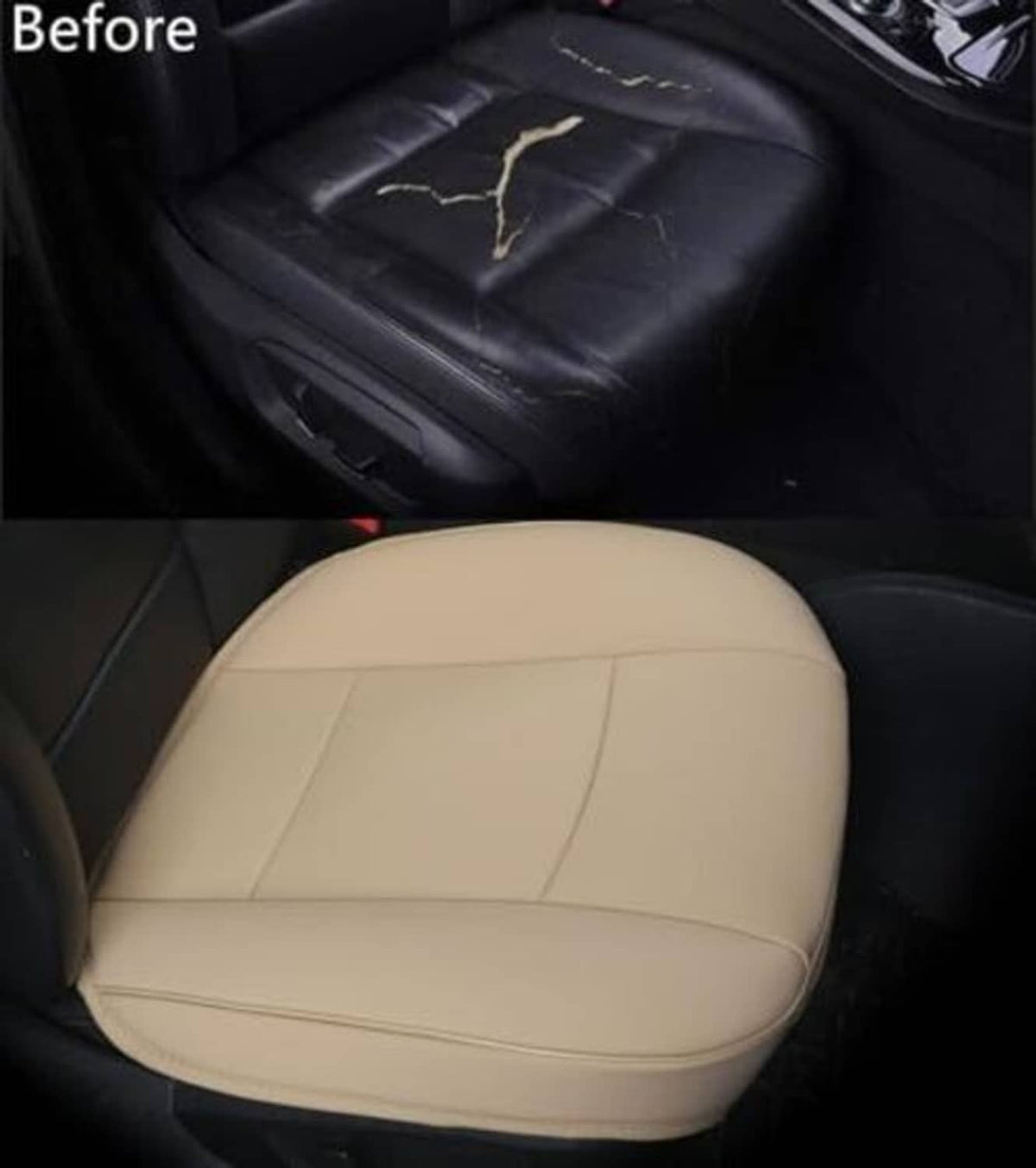 Beige PU leather car seat cover installed on a front seat cushion