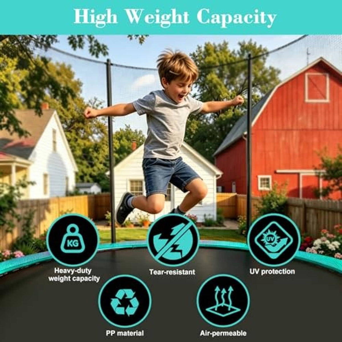 Outdoor trampoline with black mat and teal edge; child jumping on the surface