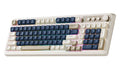 Two-tone wireless gaming keyboard with blue keycaps and beige frame, key legends visible