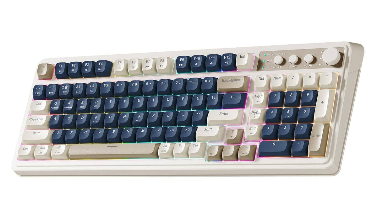 Two-tone wireless gaming keyboard with blue keycaps and beige frame, key legends visible