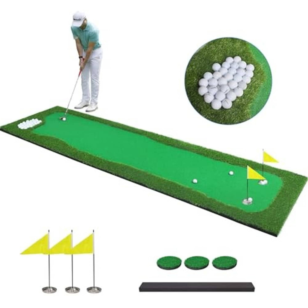 Green golf putting mat with three practice balls, cup flags, and a smooth putting lane