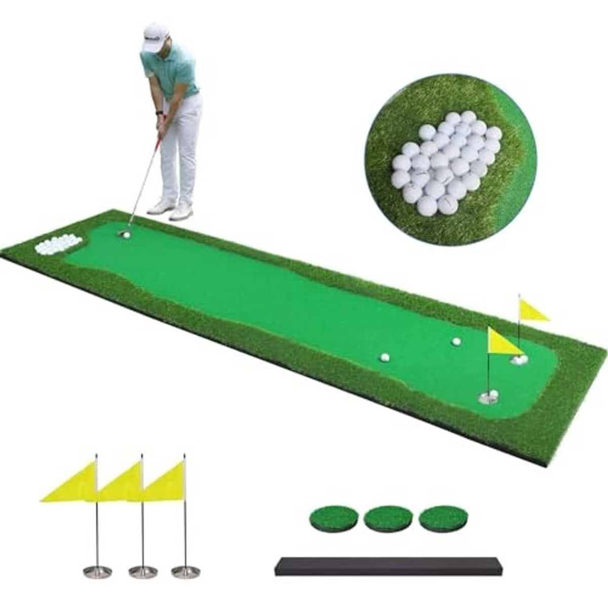 Green golf putting mat with three practice balls, cup flags, and a smooth putting lane