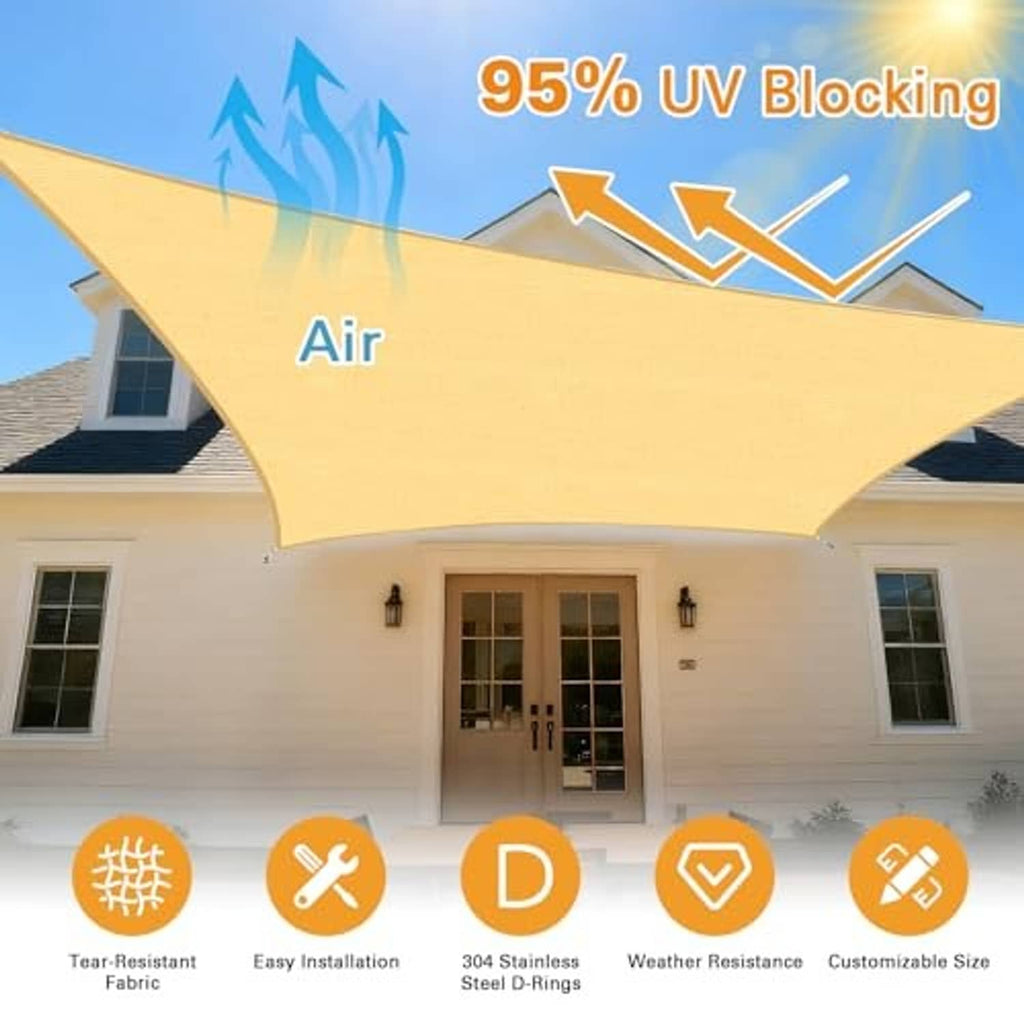 Sand beige sun shade sail panel with curved edge design and UV blocking feature graphic.