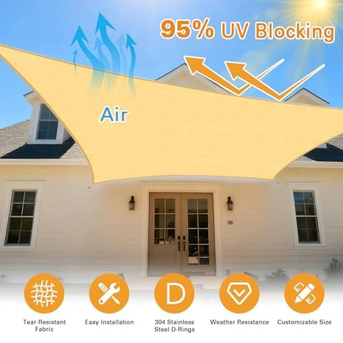 Sand beige sun shade sail panel with curved edge design and UV blocking feature graphic.