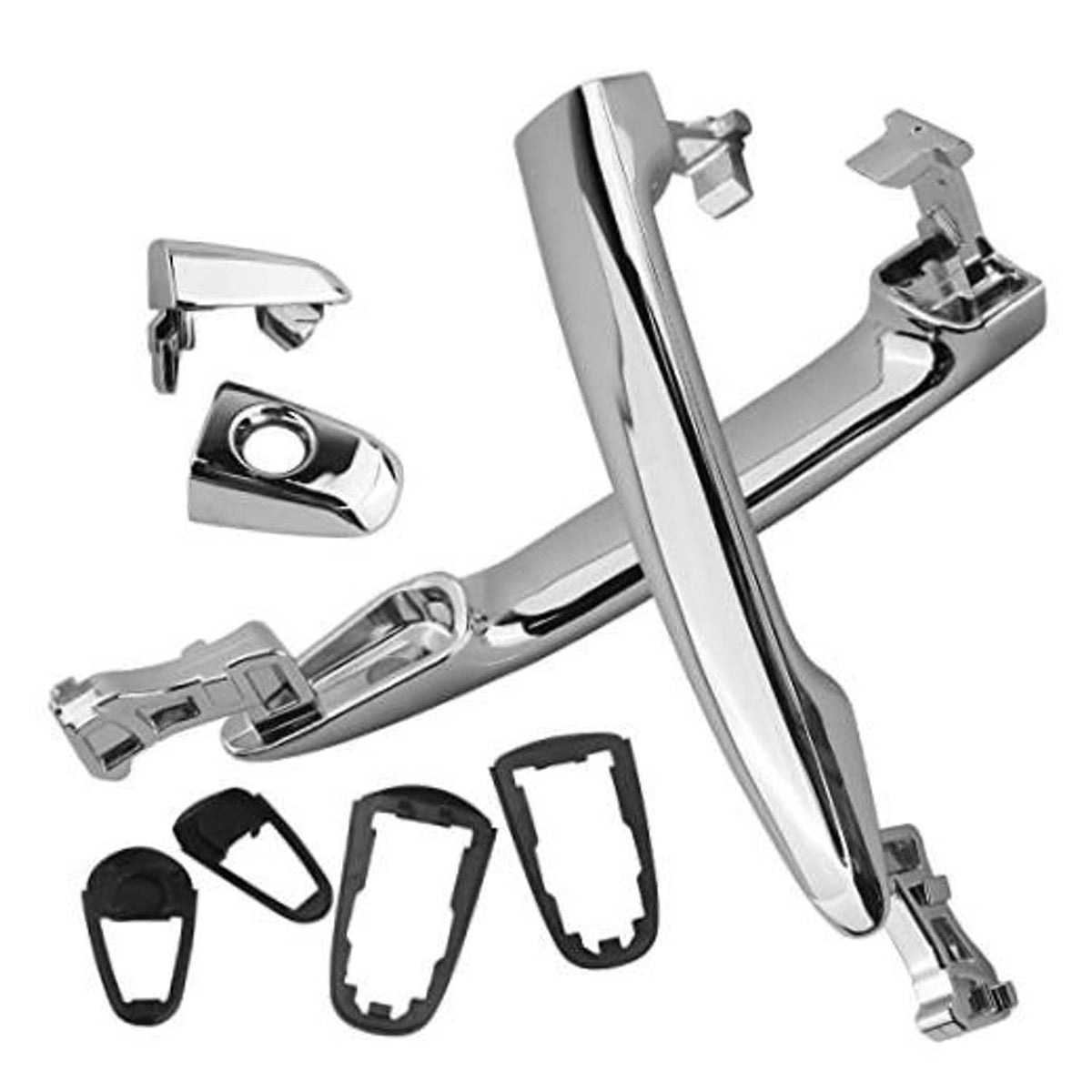 Chrome exterior door handle with mounting bracket and lock bezel pieces