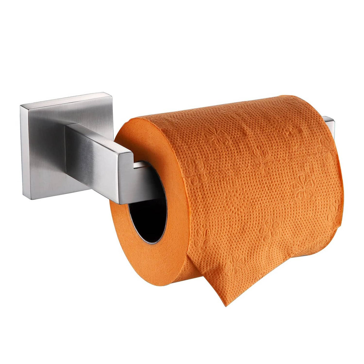 Brushed nickel toilet paper roll holder supporting an orange toilet paper roll