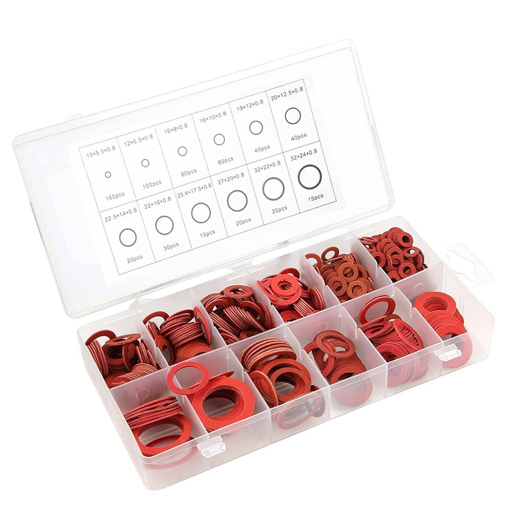 Red washer set with clear lid and compartment tray holding red ring washers