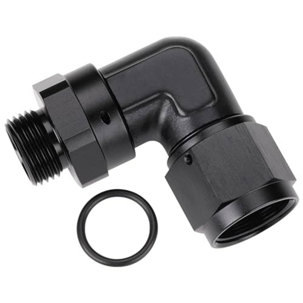 Black 90-degree elbow hydraulic fitting with threaded ports and O-ring included
