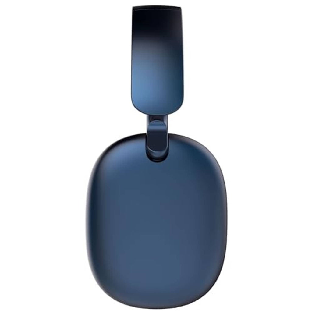 Blue over-ear headphone ear cup with padded cushion and folding hinge