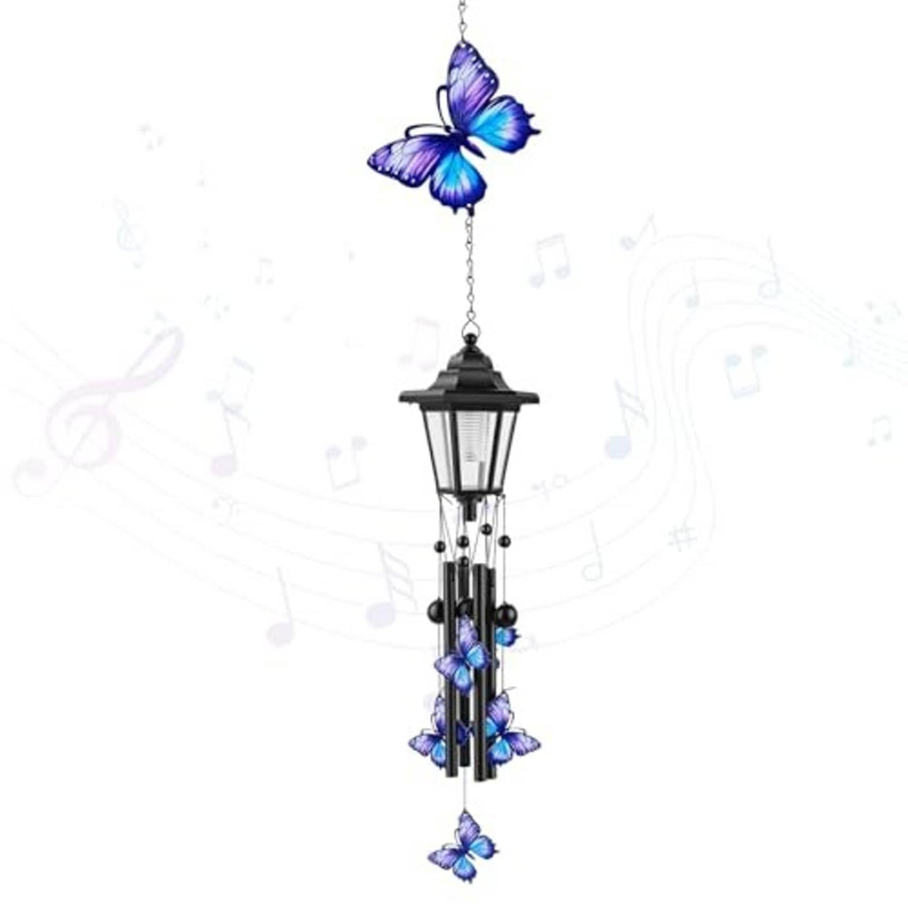 Vertical solar lantern wind chime with blue butterflies and black lantern