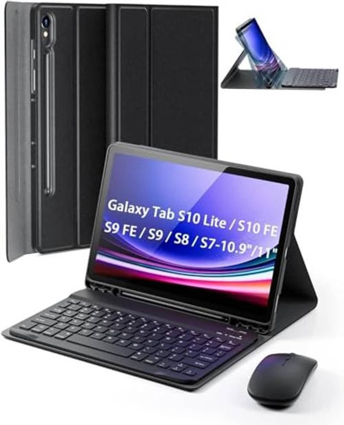 Black tablet keyboard folio case with multi-angle stand, detachable keyboard and trackpad