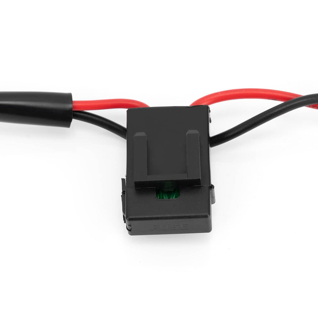 Black rocker switch module with red and black wires and inline fuse holder