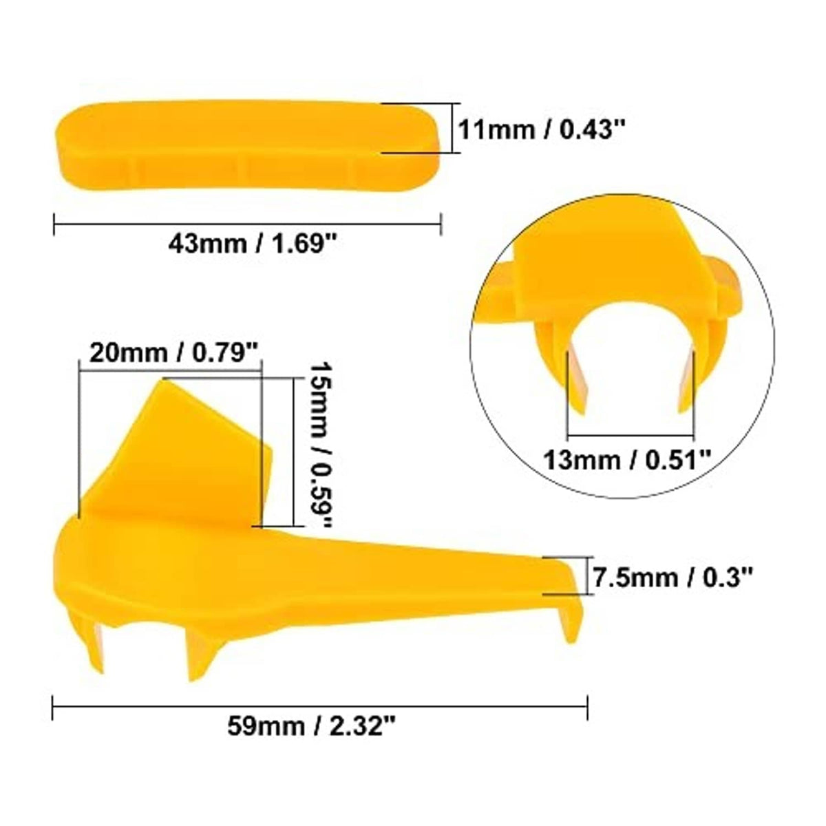 Yellow plastic tire demount head insert with measurement callouts and prong tip