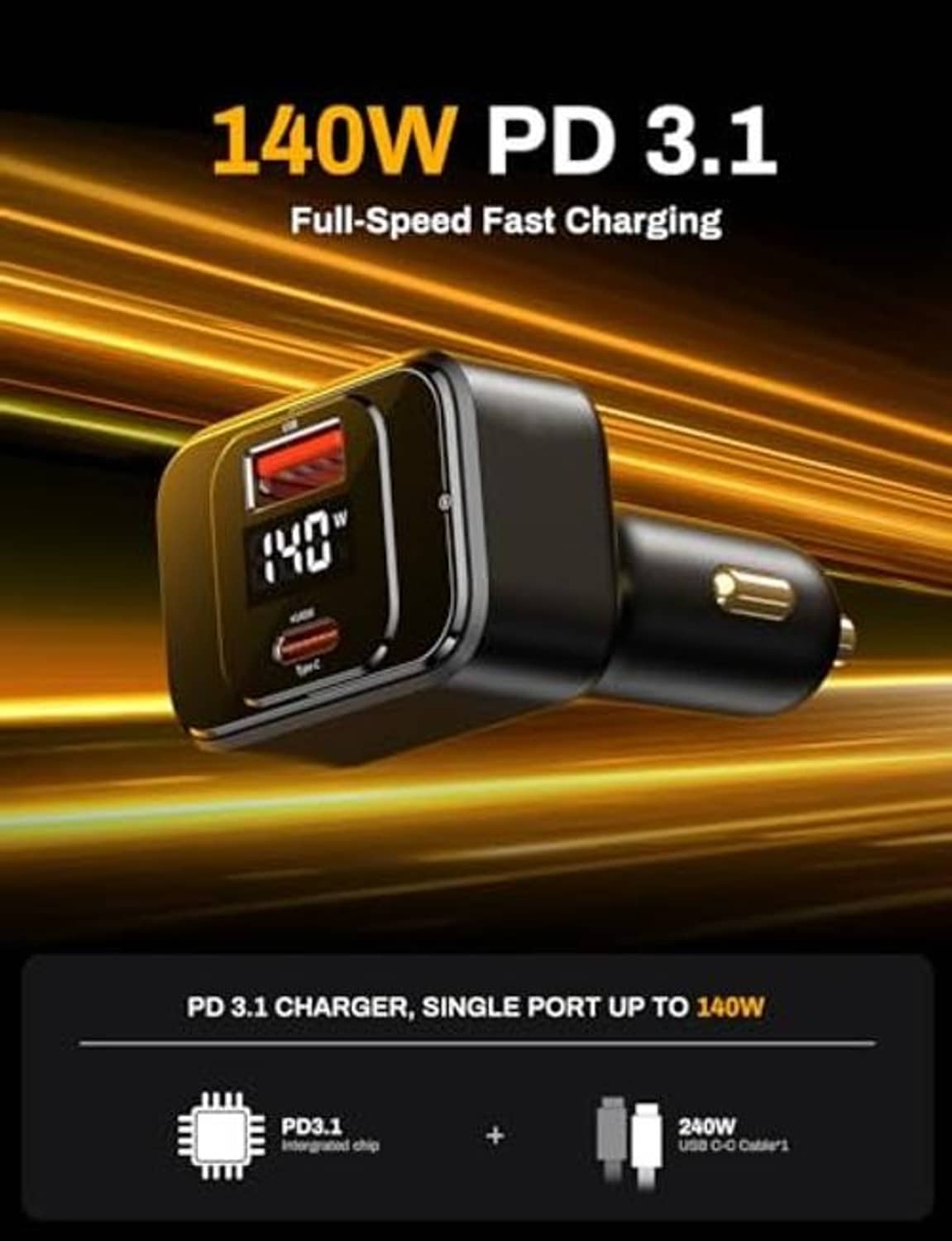 Black car charger with glowing LED display and sleek gold plug