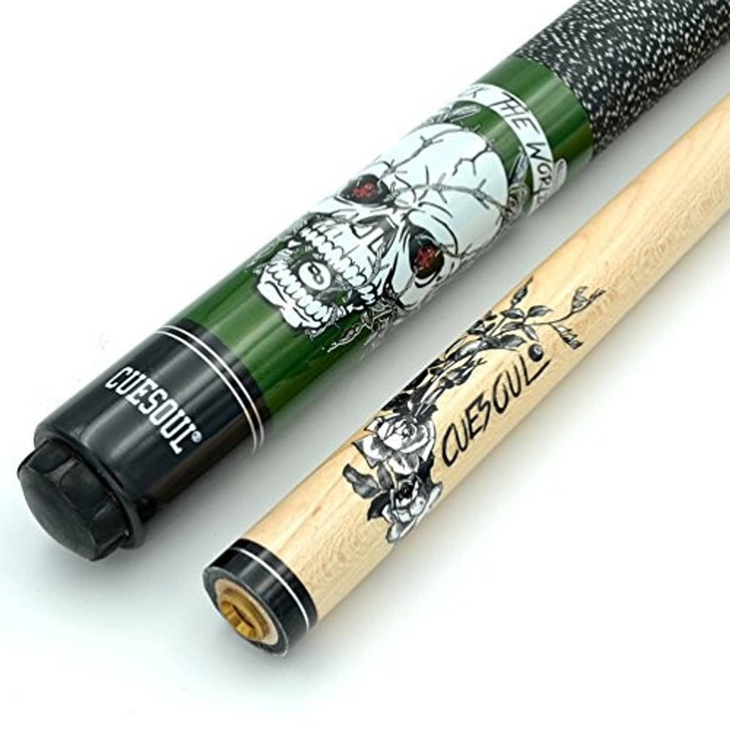Close-up of green pool cue shaft with artwork and black textured wrap