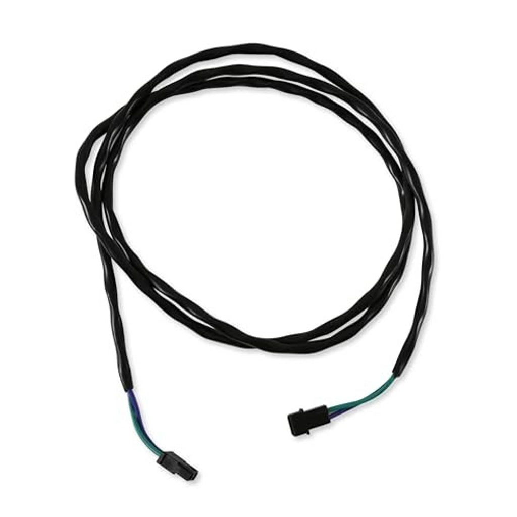 Black wiring harness with green stripe section and two connector ends