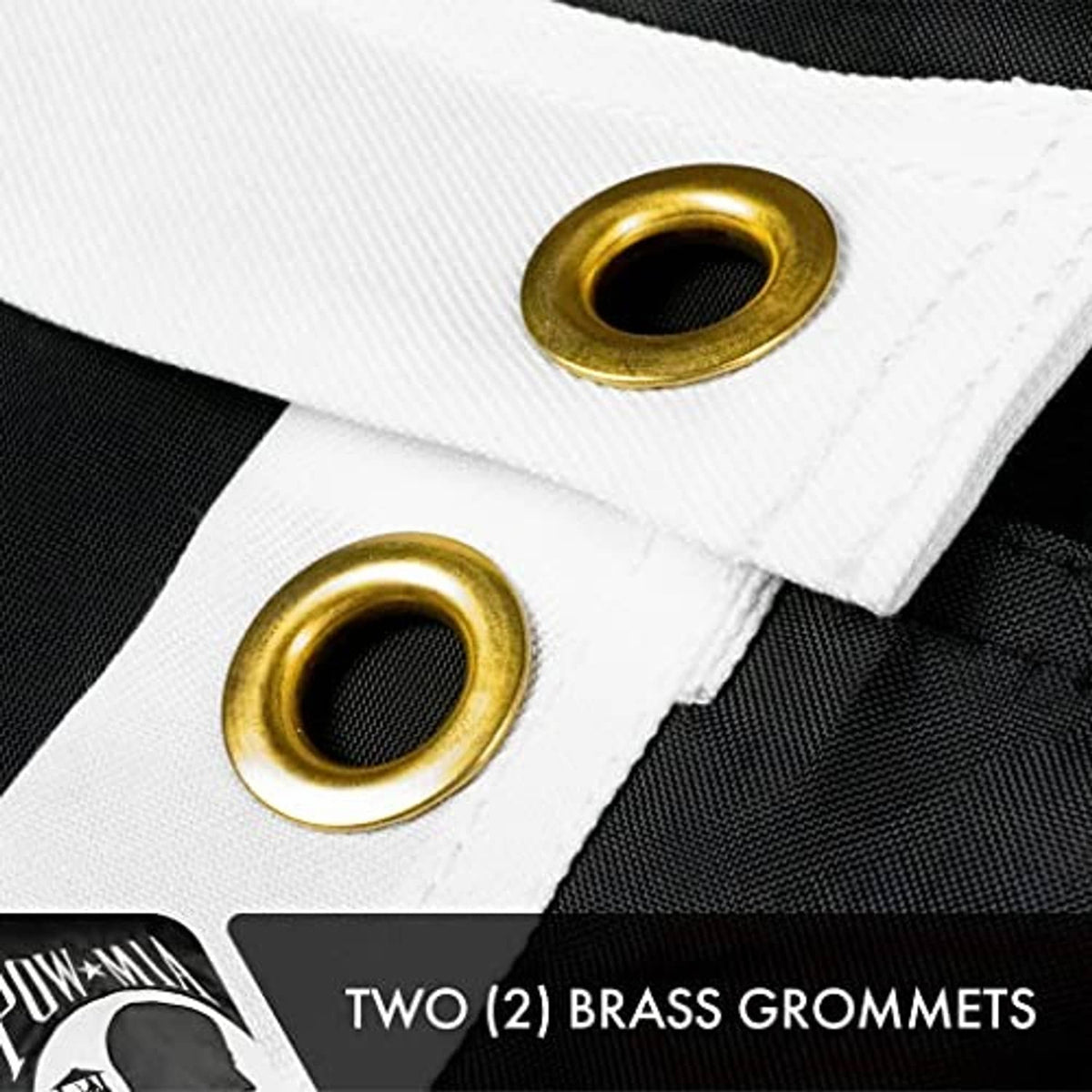 POW-MIA flag header with two brass grommets and reinforced fabric stitching