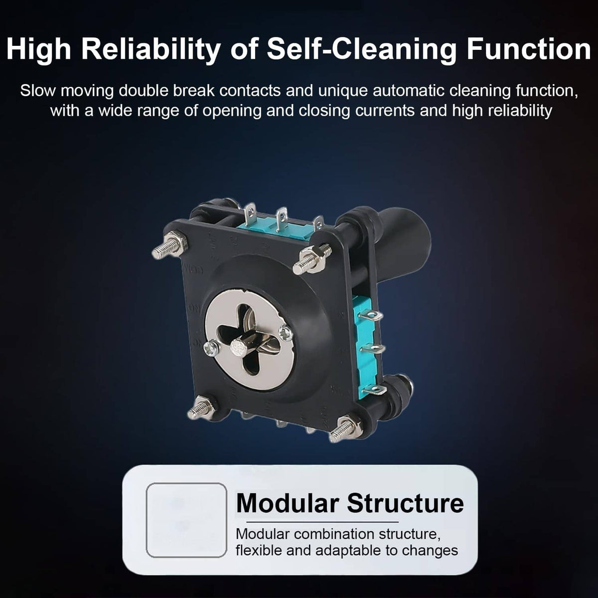 Black joystick switch with teal contact board and spring-loaded contact plate