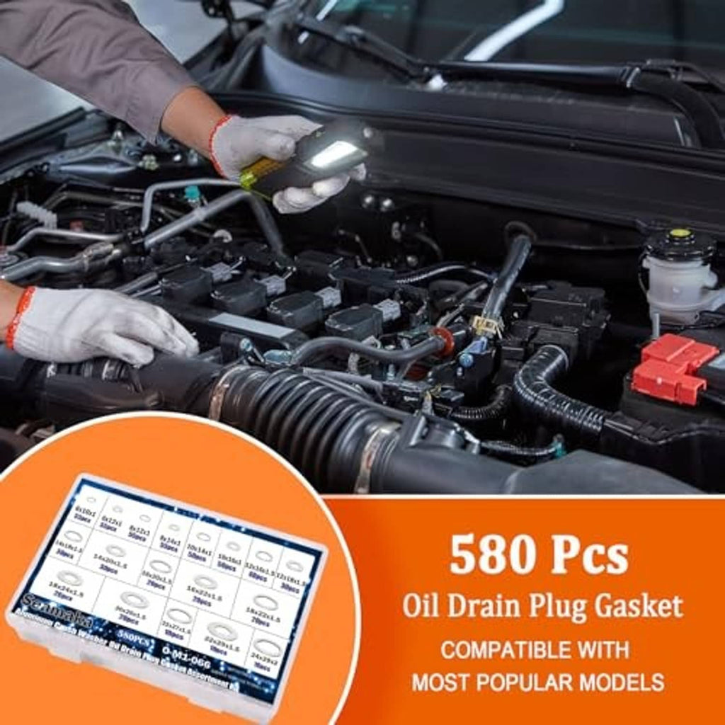Oil drain plug gasket washer kit with 580 pieces shown near car engine bay