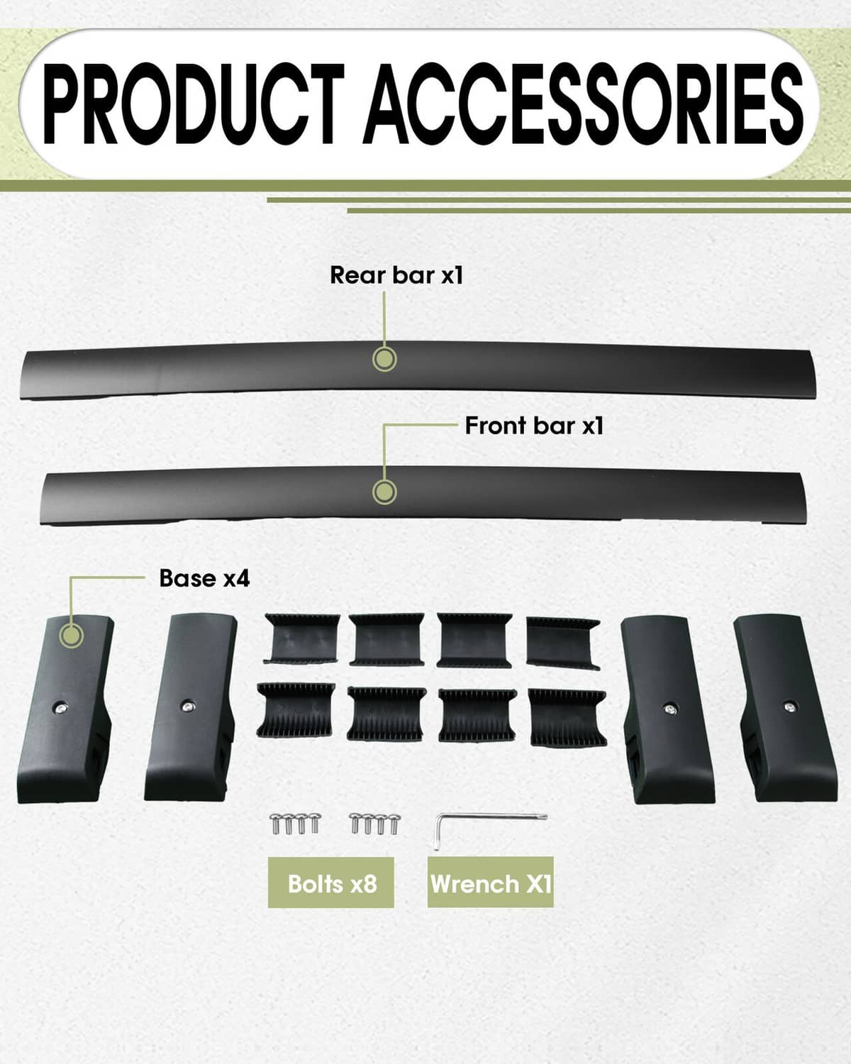 Roof rack cross bar kit with front and rear bars, base mounts, and bolts