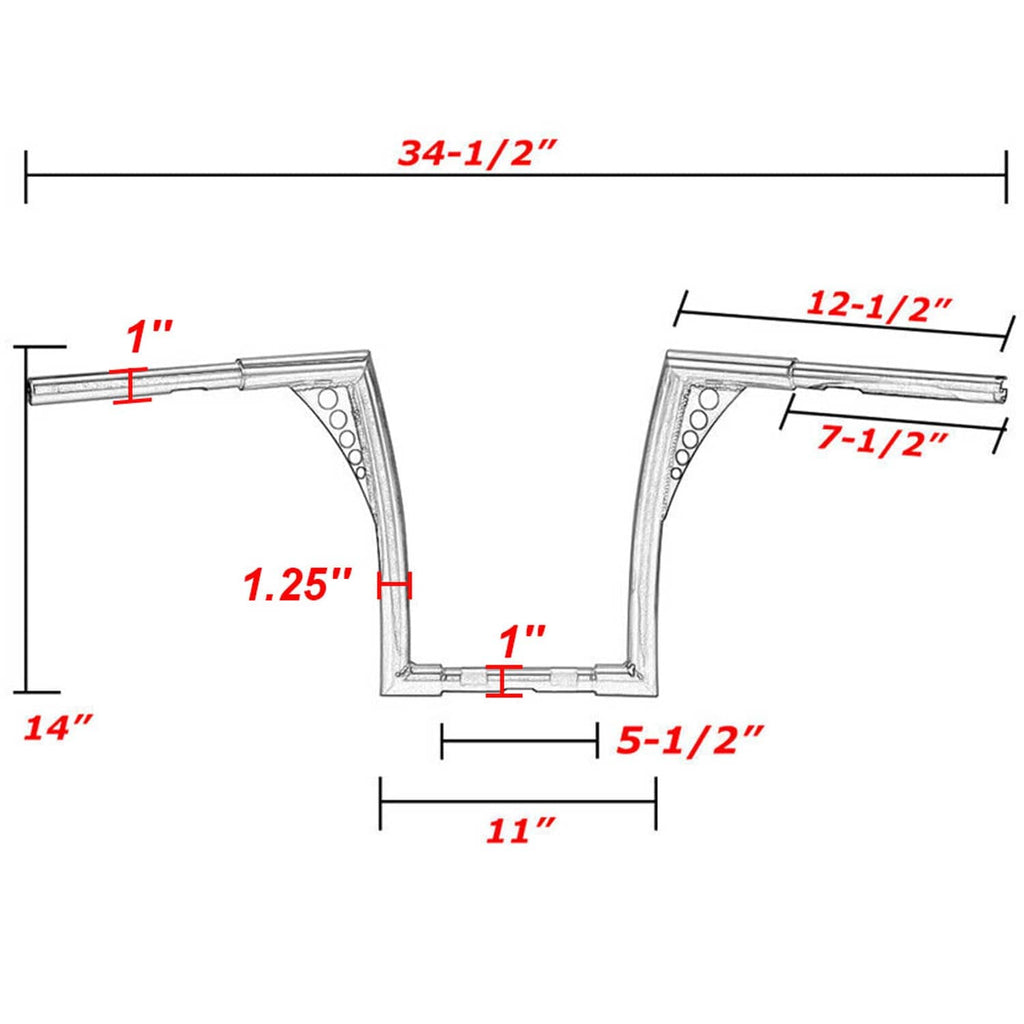 Ape hanger handlebar dimension diagram with mounting and rise measurements