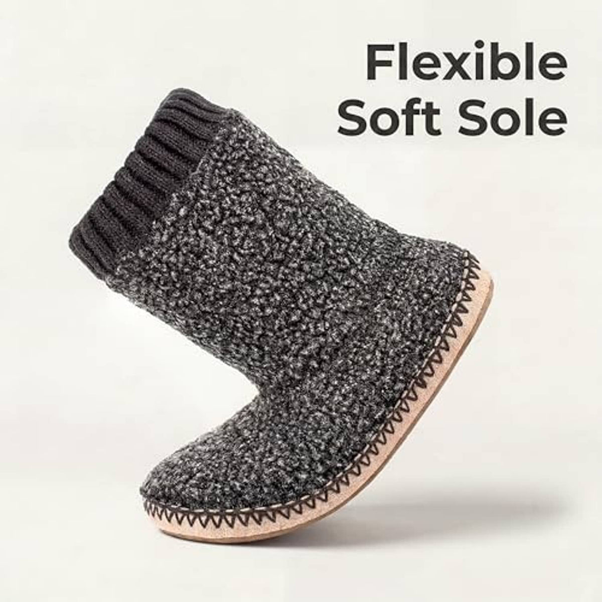 Men's grey fuzzy boot slipper with flexible soft sole and tan stitched trim